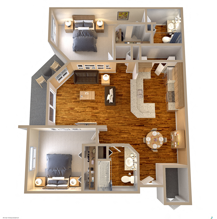 Floor plan for 2 beds, 2 baths, 1070 sqft